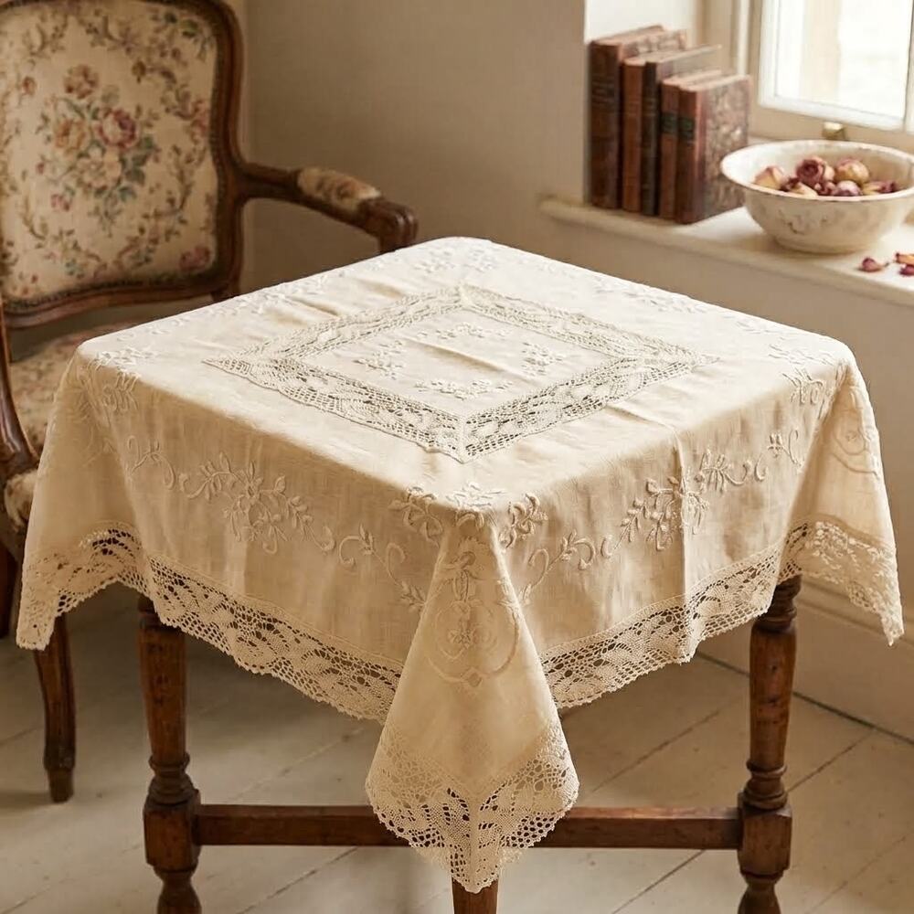 Vintage Linens 70s Tablecloth Hand Embroidery Detail 36" x 36" SQUARE Cream Lace